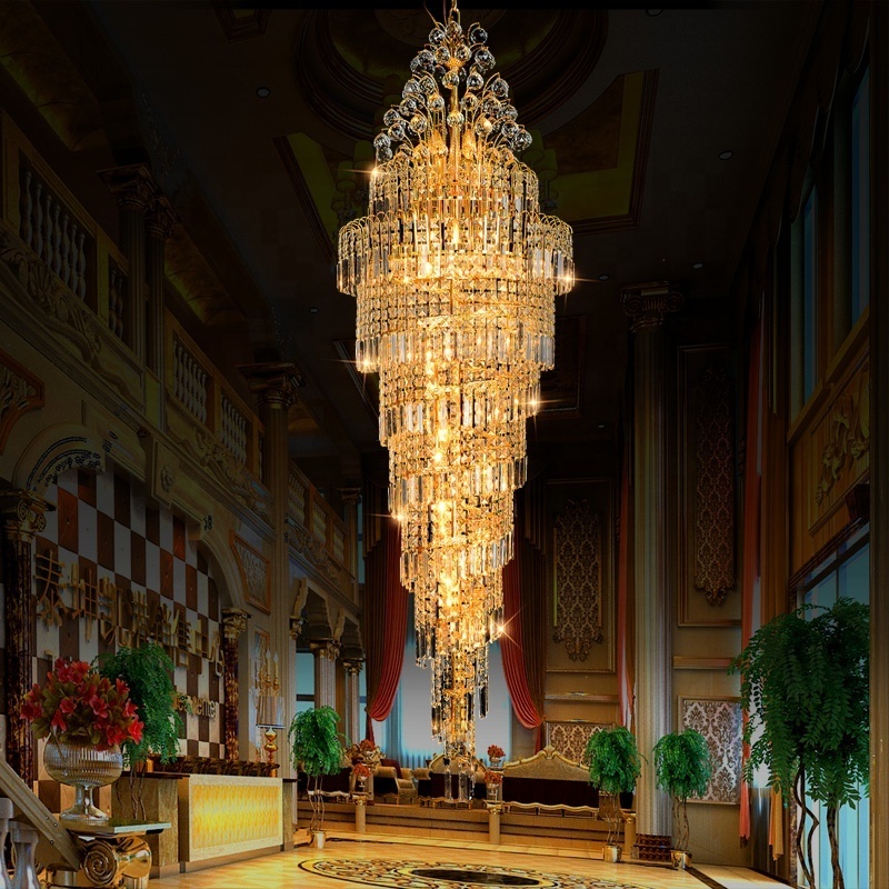 Gold Long Crystal Chandelier Modern Luxury Villa Hotel Loft Chandelier Stairs Long Pendant Lighting For High Ceiling Hotel Decor