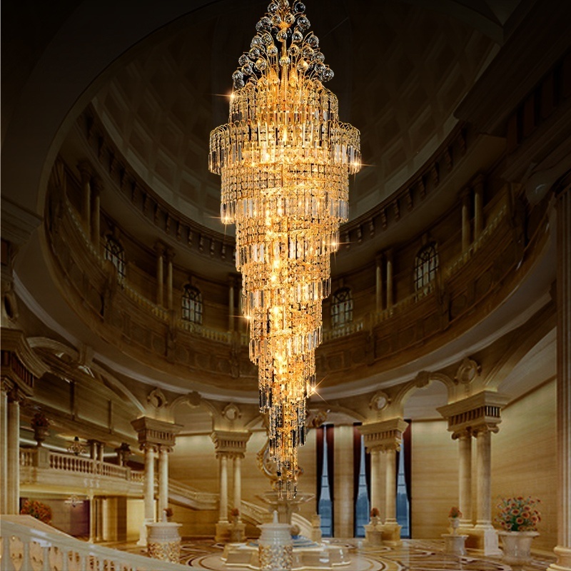 Gold Long Crystal Chandelier Modern Luxury Villa Hotel Loft Chandelier Stairs Long Pendant Lighting For High Ceiling Hotel Decor