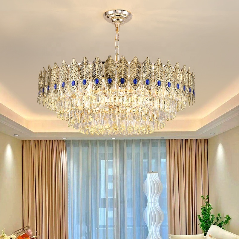 Gold Luxury Large Crystal Chandelier Flush Mount With Peacock Feather Hanging Chandelier For Restaurant Dining Table Decor