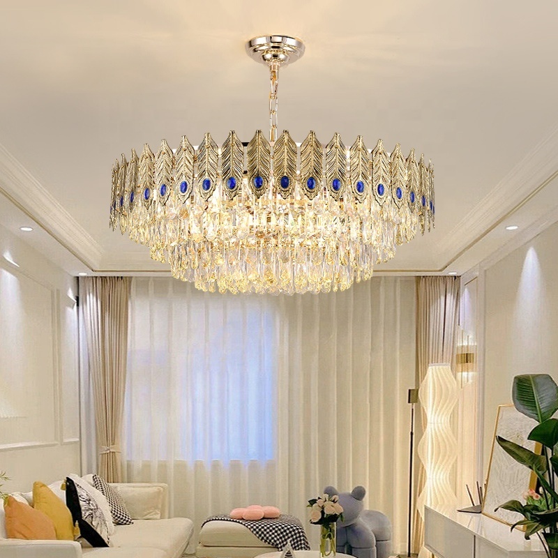 Gold Luxury Large Crystal Chandelier Flush Mount With Peacock Feather Hanging Chandelier For Restaurant Dining Table Decor