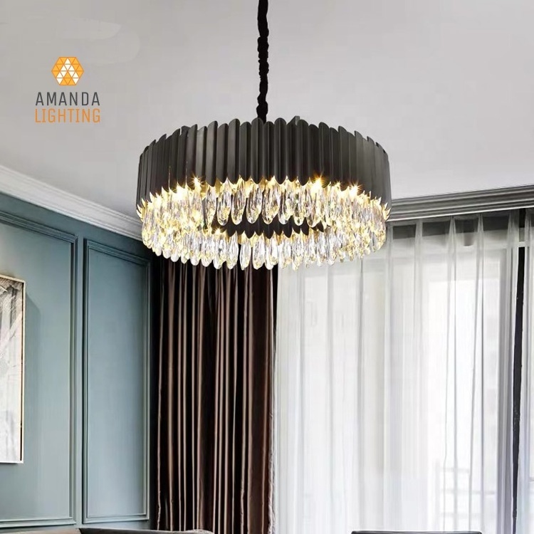 Fashion Stainless Steel and Gunmetal Modern Black Crystal Drop Chandelier For Dining Room Light Fixture