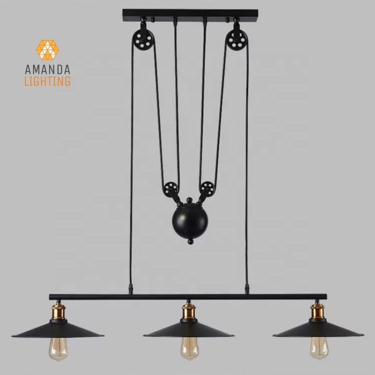 3 Lights Vintage Retro Industrial Lighting Pendant Lamp With adjustable height pulley For Kitchen Island Decor