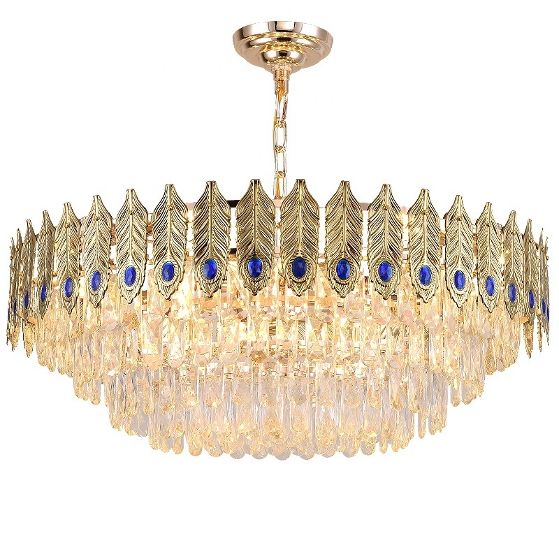 Gold Luxury Large Crystal Chandelier Flush Mount With Peacock Feather Hanging Chandelier For Restaurant Dining Table Decor