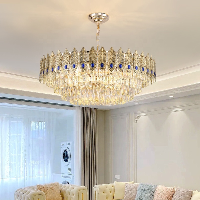 Gold Luxury Large Crystal Chandelier Flush Mount With Peacock Feather Hanging Chandelier For Restaurant Dining Table Decor