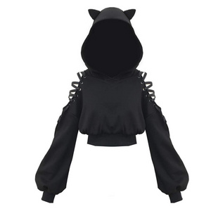 New Women Long Sleeve Cute Ear Cat Off Shoulder Crop Sweatshirt Tops Pullover Hoodies