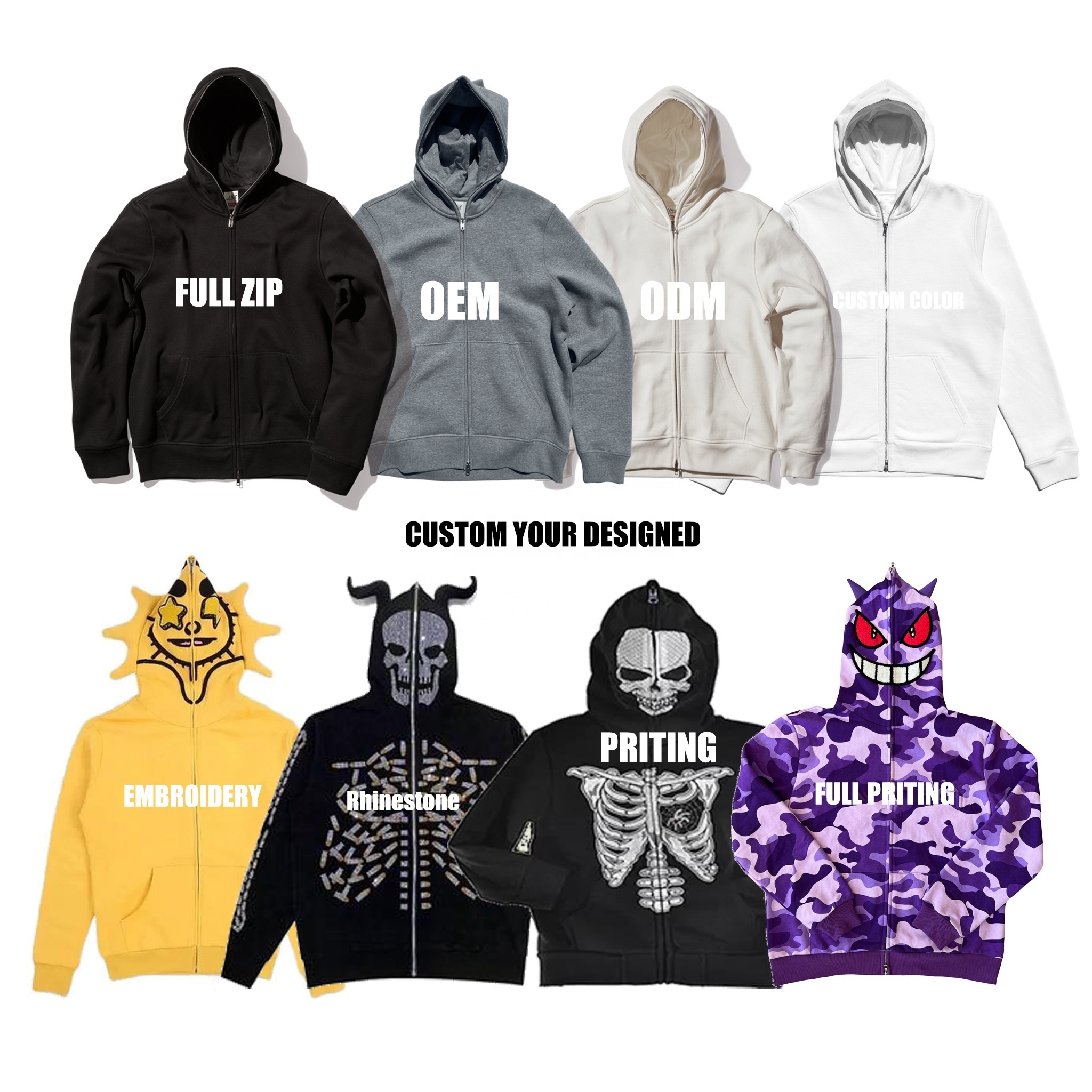 New Designer Full Zip Up Hoodie Rhinestone Custom Logo Blank High Quality 100% Cotton France Terry Mens Full Face Zip Up Hoodies