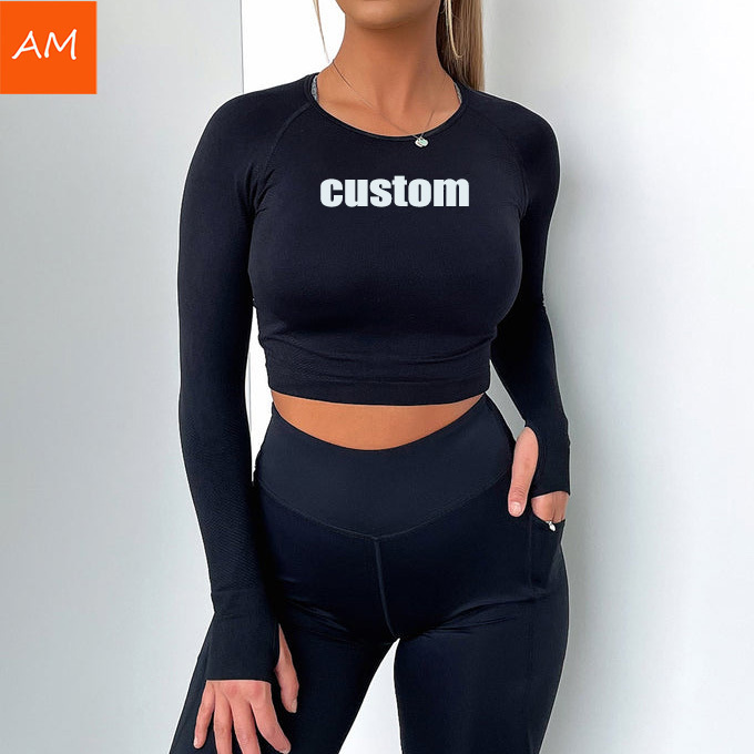 Custom Logo Printed Long Sleeve Thumb Hole Elasticity Long Sleeve 80 Nylon 20 Spandex Yoga Soft Long Sleeve Top For Women