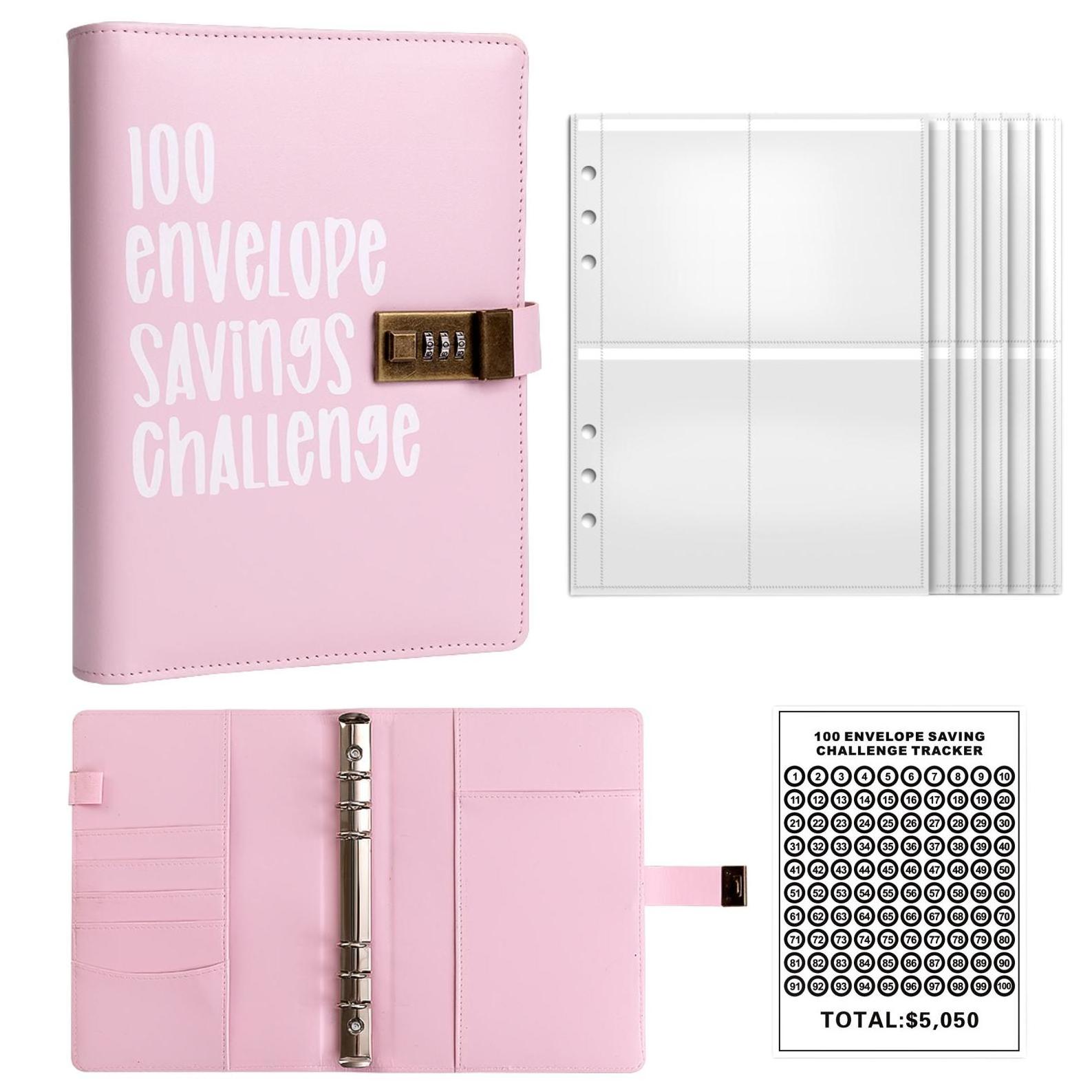 100 Envelopes Money Saving Challenge Book for Budgeting Planner pink 100 envelope challenge savings binder With password lock