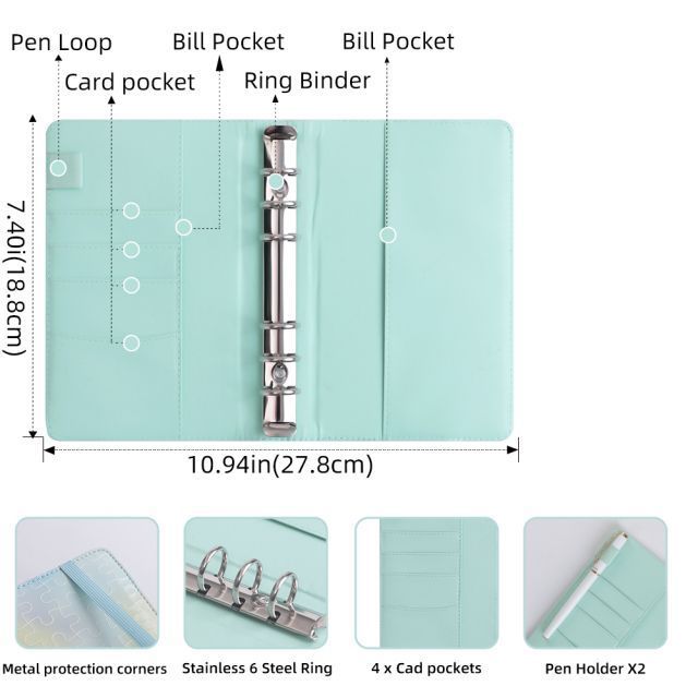 Magnetic Acceptable Leather  Budget Binder with Zipper Envelopes Money Organizer Premium PU Leather A6 Planner