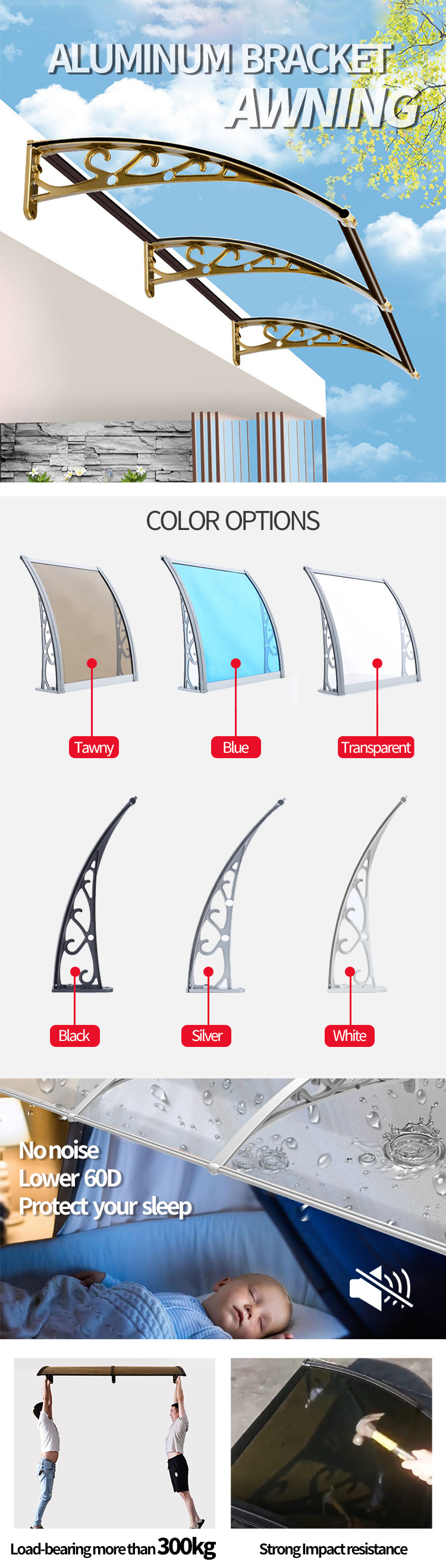 Amas Manufactured awning polycarbonate curved front awning sun shed 4x6 canopy for windows