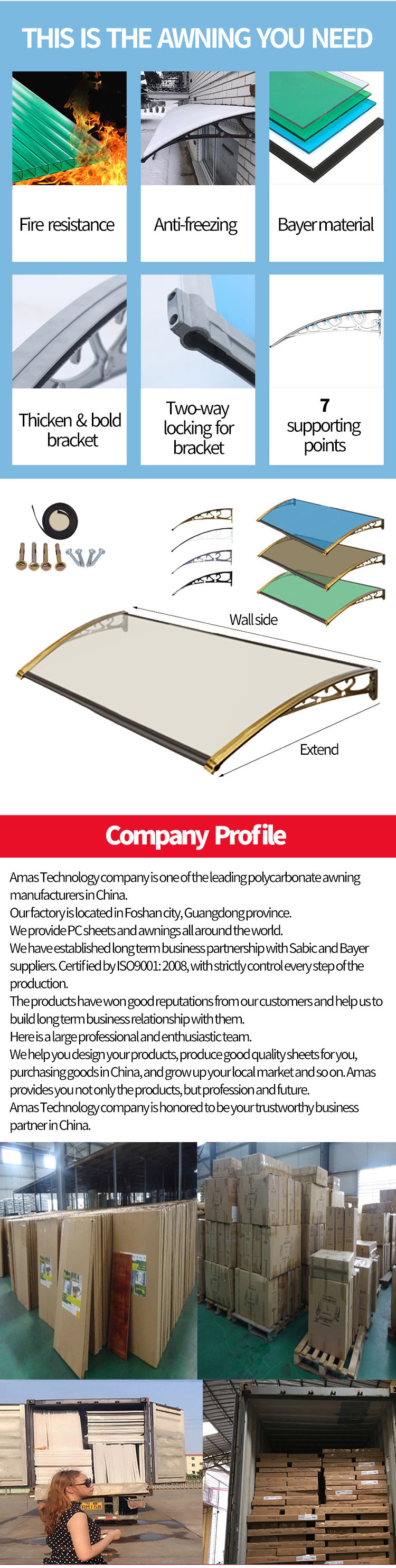 Amas Manufactured awning polycarbonate curved front awning sun shed 4x6 canopy for windows