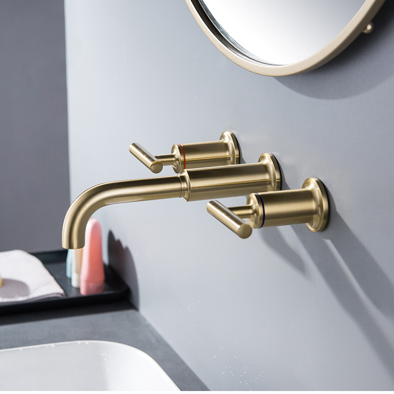 Solid Brass Bathroom Sink Faucet Brushed gold 2 Wheel Handles In Wall Mount Basin Mixer Tap