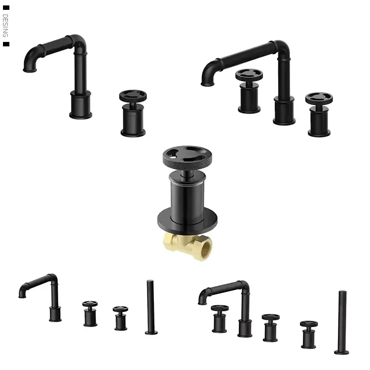 Aida Industrial Style Bathroom Sink Basin Taps Solid Brass Basin Faucet Black Wheel Switch American Tap Faucet