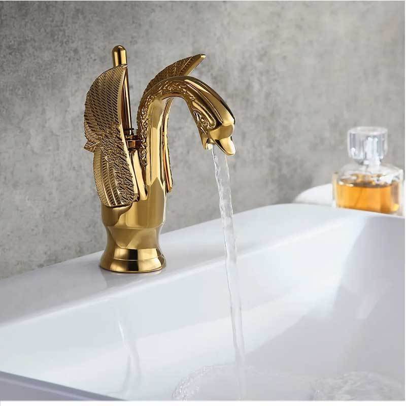 AMAXO Creative Gold Swan Shape Faucets For Kitchen Bathroom Golden Single Hole Basin Faucets