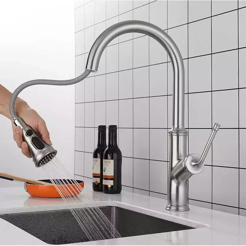 AMAXO Flexible Faucets Brushed Nickel Hot And Cold Water Mixer Tap Pull Out Sprayer Kitchen Faucet