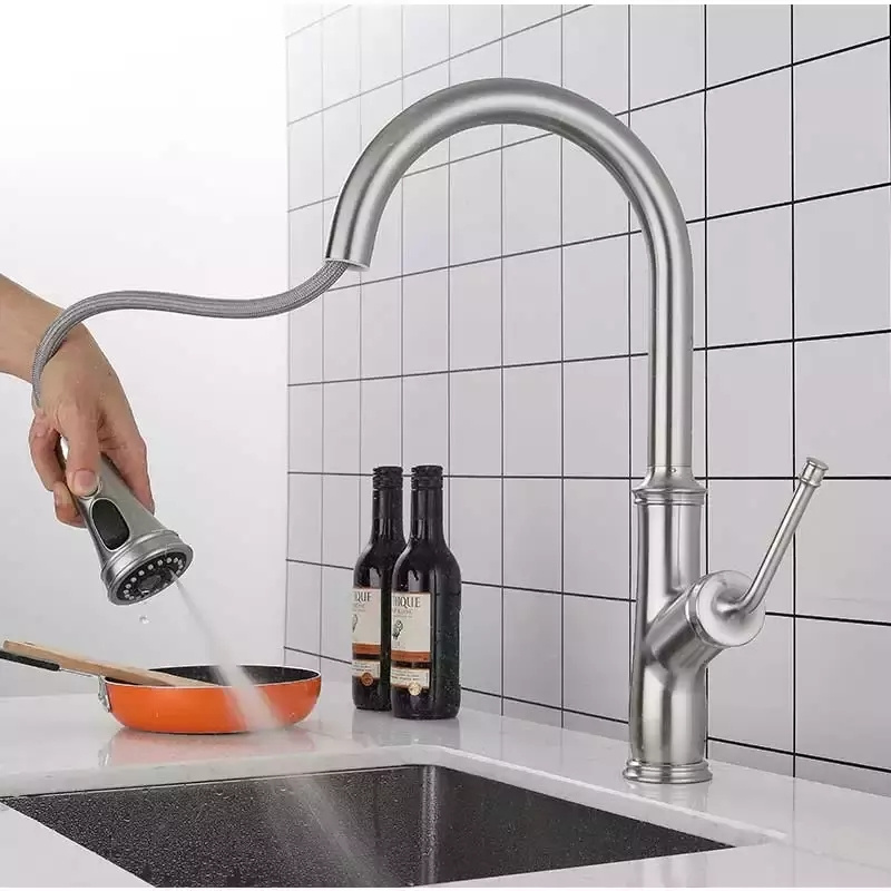 AMAXO Flexible Faucets Brushed Nickel Hot And Cold Water Mixer Tap Pull Out Sprayer Kitchen Faucet