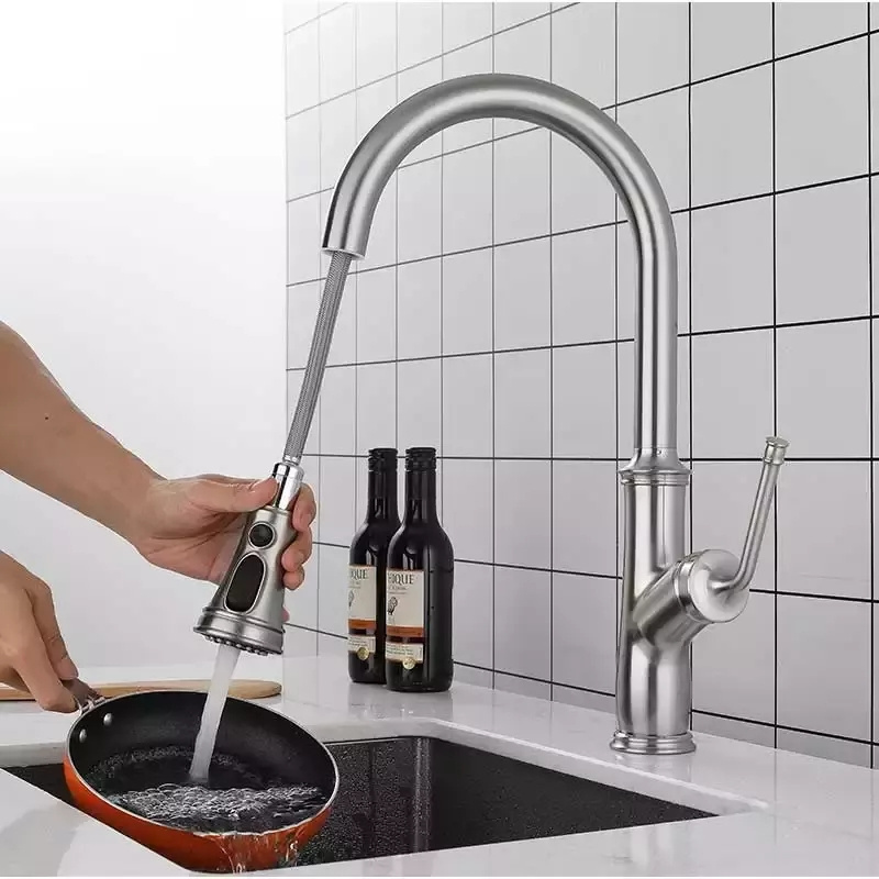 AMAXO Flexible Faucets Brushed Nickel Hot And Cold Water Mixer Tap Pull Out Sprayer Kitchen Faucet