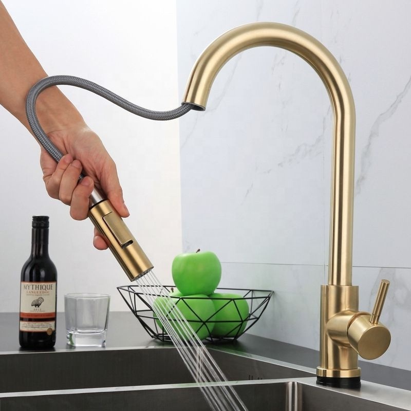 Pull out Anti-fingerprint brushed gold bathroom shower sink faucet for kitchen faucet