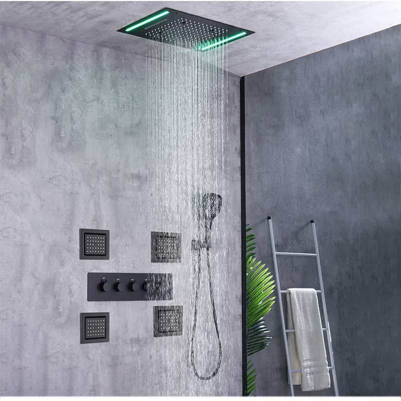 AMAXO LED Black Shower Head Rainfall Waterfall Misty Ceiling Mounted Thermostatic Shower Faucet With Body Jet For Bathroom