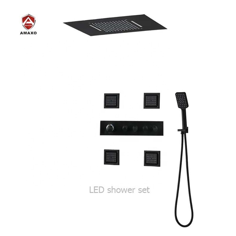 AMAXO LED Black Shower Head Rainfall Waterfall Misty Ceiling Mounted Thermostatic Shower Faucet With Body Jet For Bathroom