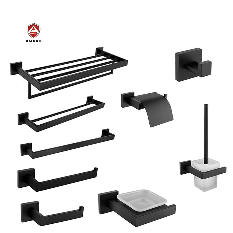 AMAXO Hotel Modern Wall Mounted Stainless Steel Matte Black Toilet Bathroom Accessories Set