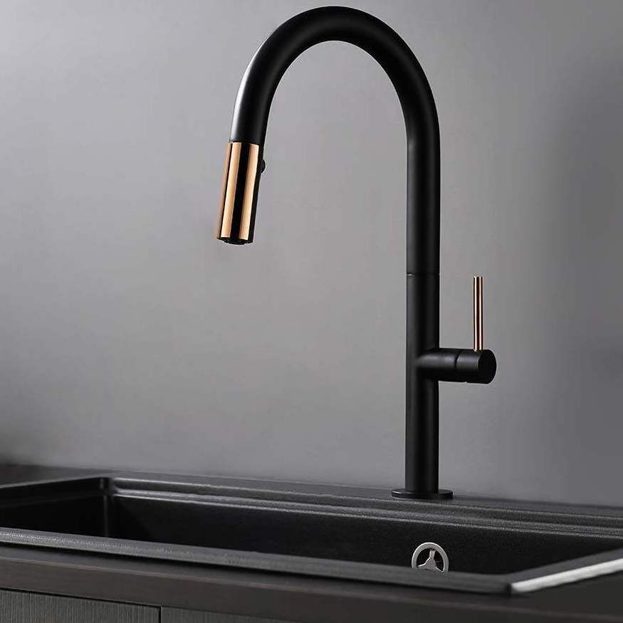 AMAXO Gold In Black Pull Out Type Sink Faucets Water Tap 360 Degree Rotating Basin Faucet For Kitchen