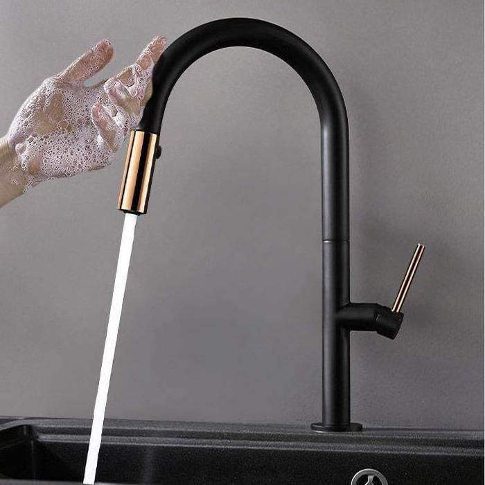 AMAXO Gold In Black Pull Out Type Sink Faucets Water Tap 360 Degree Rotating Basin Faucet For Kitchen