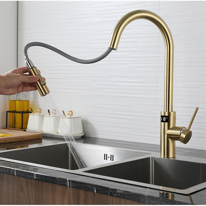 Aida Brushed Gold Kitchen Faucets Mixer Stainless Steel Kitchen Faucets Sprayer Digital Display Sensor Kitchen Faucets Sink