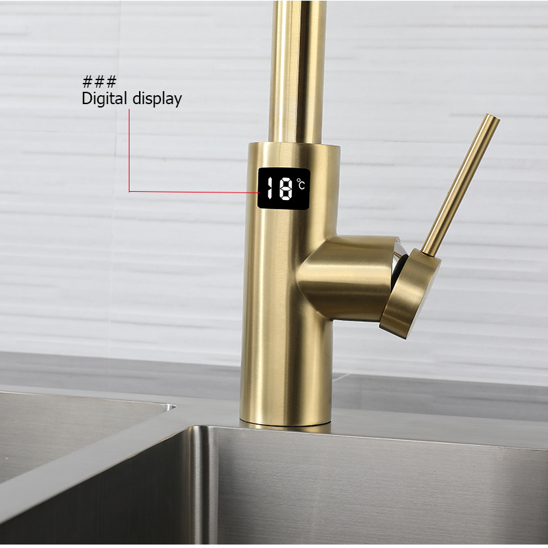 Aida Brushed Gold Kitchen Faucets Mixer Stainless Steel Kitchen Faucets Sprayer Digital Display Sensor Kitchen Faucets Sink