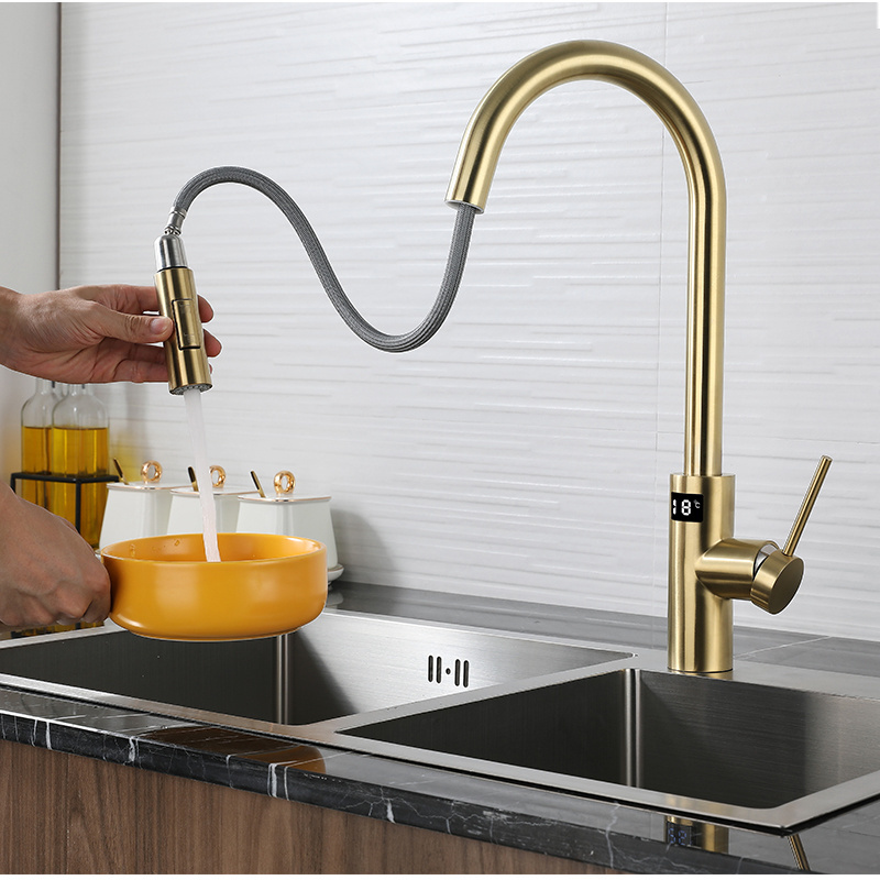 Aida Brushed Gold Kitchen Faucets Mixer Stainless Steel Kitchen Faucets Sprayer Digital Display Sensor Kitchen Faucets Sink