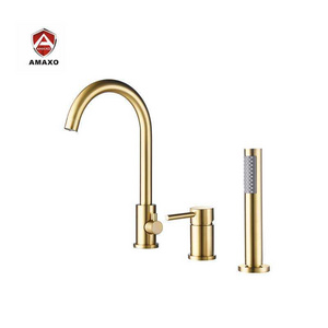 AMAXO Luxury Design Solid Bathtub Faucet Deck Mounted Goose Neck Spout Bathtub Mixer With Hand Spray Bathtub Faucet