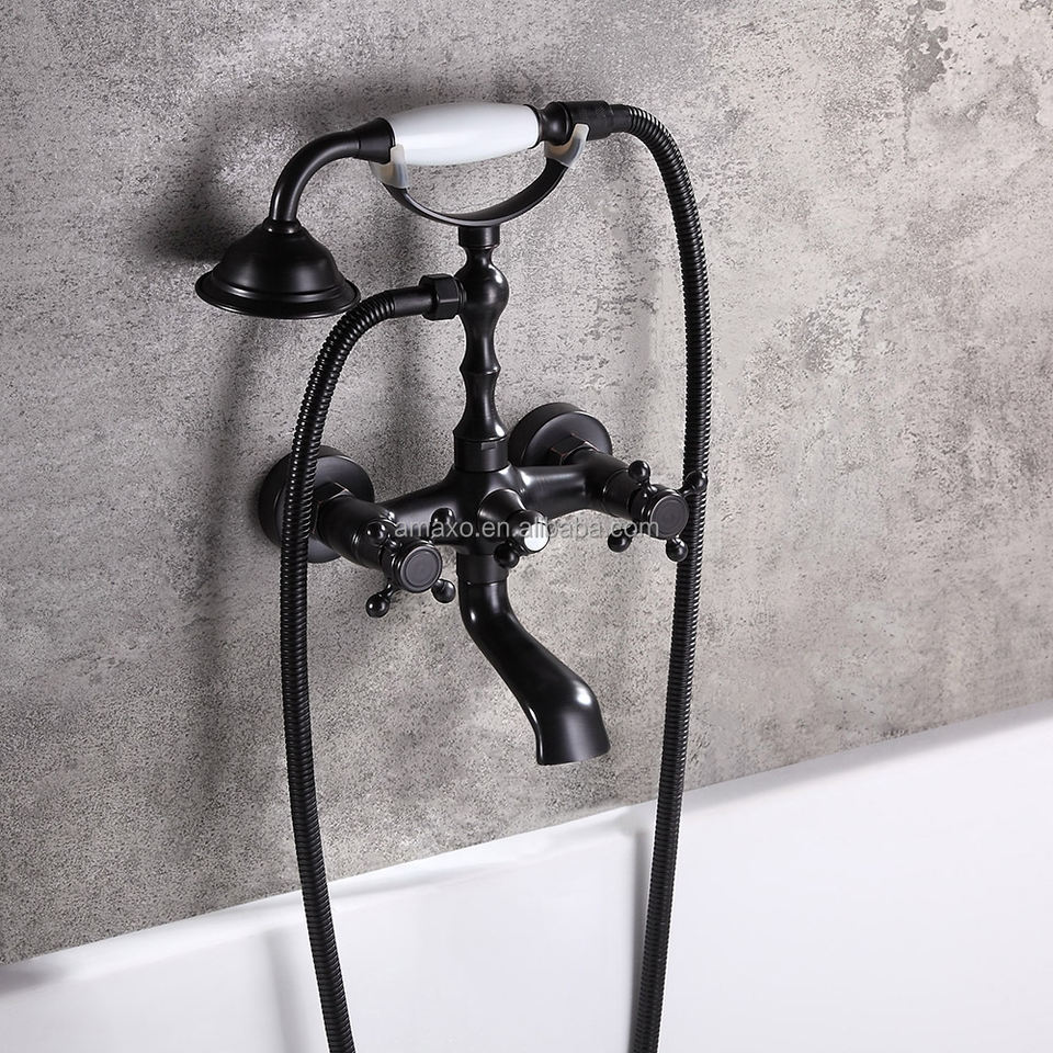 AMAXO Antique Wall Mounted Bath Tub And Shower Faucet Black Waterfall Bath Tub Faucet Brass Bath Tub Shower Faucet