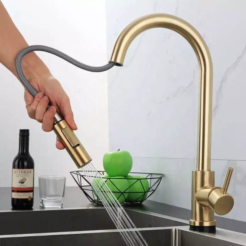 Brushed Gold  Pull Down Pullout Retractable Spray  Kitchen Sink Faucet