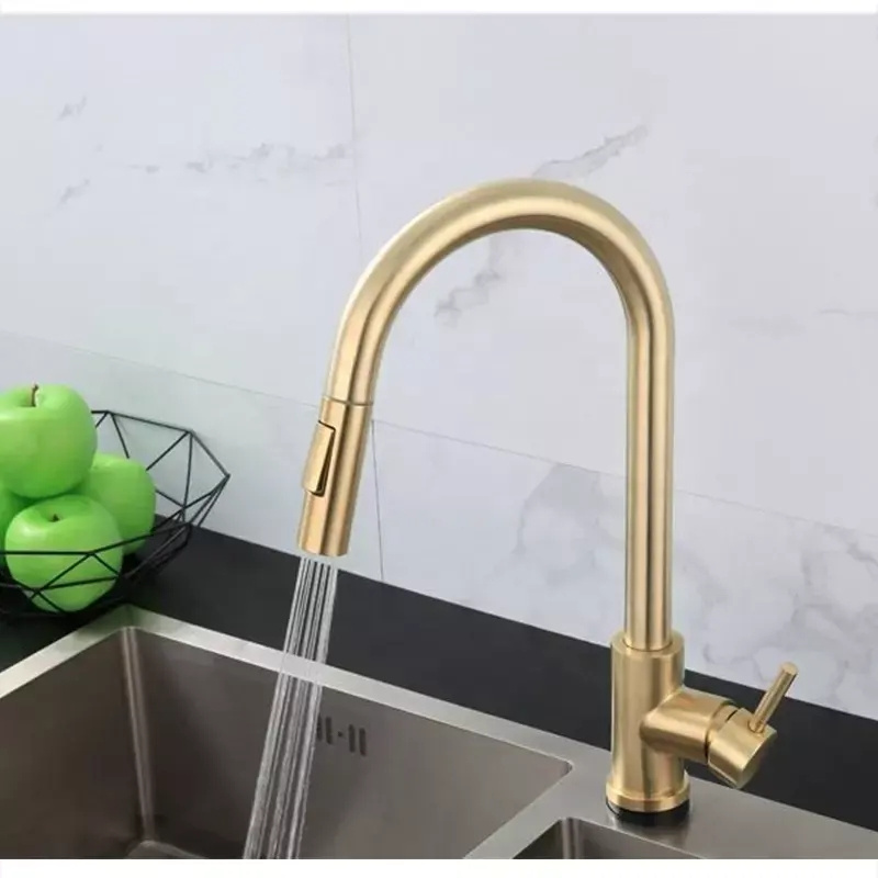 Brushed Gold  Pull Down Pullout Retractable Spray  Kitchen Sink Faucet