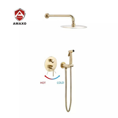 Brushed Gold Bathroom Brass Rainfall Shower System Wall Mount Shower Set Shower Mixer Faucet Set