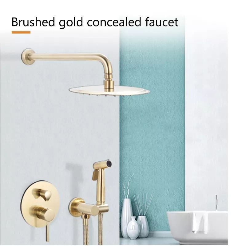 Brushed Gold Bathroom Brass Rainfall Shower System Wall Mount Shower Set Shower Mixer Faucet Set