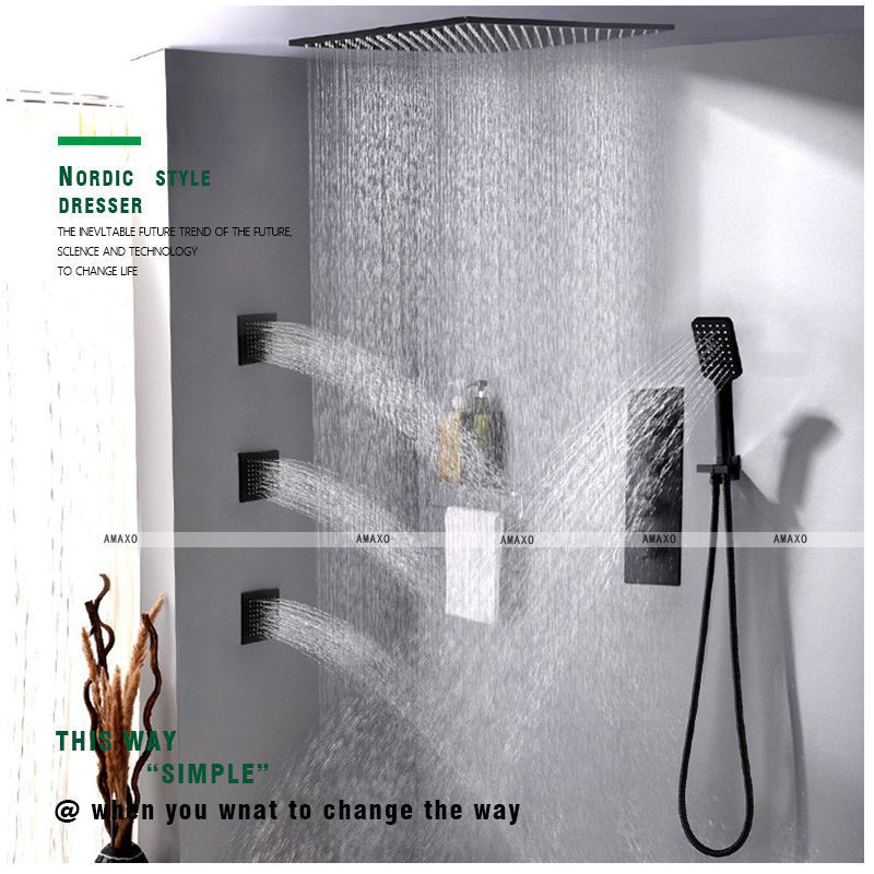 Ceiling Mounted Bathroom Shower Set with 4 Inch Body Jet Shower Head Black Thermostatic Shower Faucet