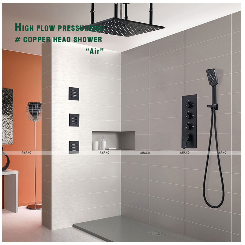 Ceiling Mounted Bathroom Shower Set with 4 Inch Body Jet Shower Head Black Thermostatic Shower Faucet