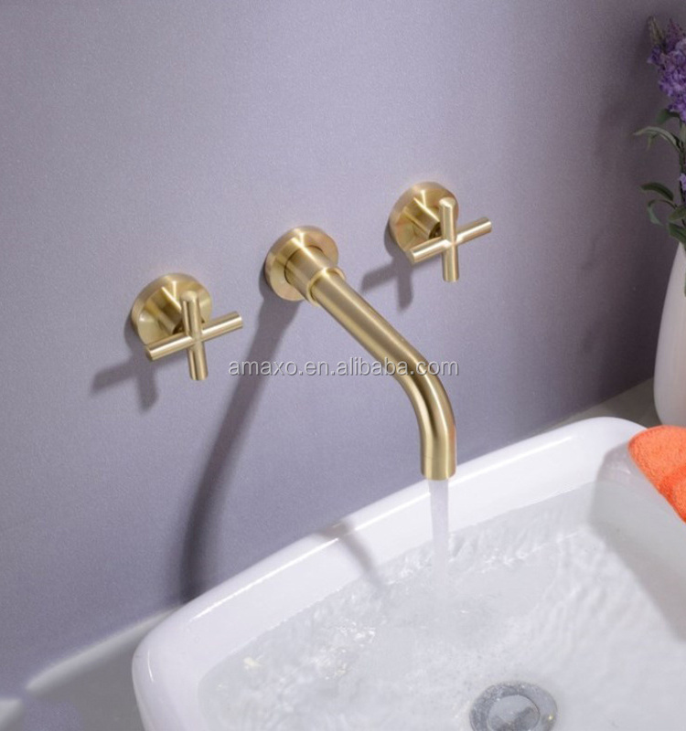 British Style High End Cross Handwheel Three Hole Wall Mount Gold Basin Faucets