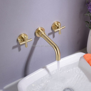 British Style High End Cross Handwheel Three Hole Wall Mount Gold Basin Faucets