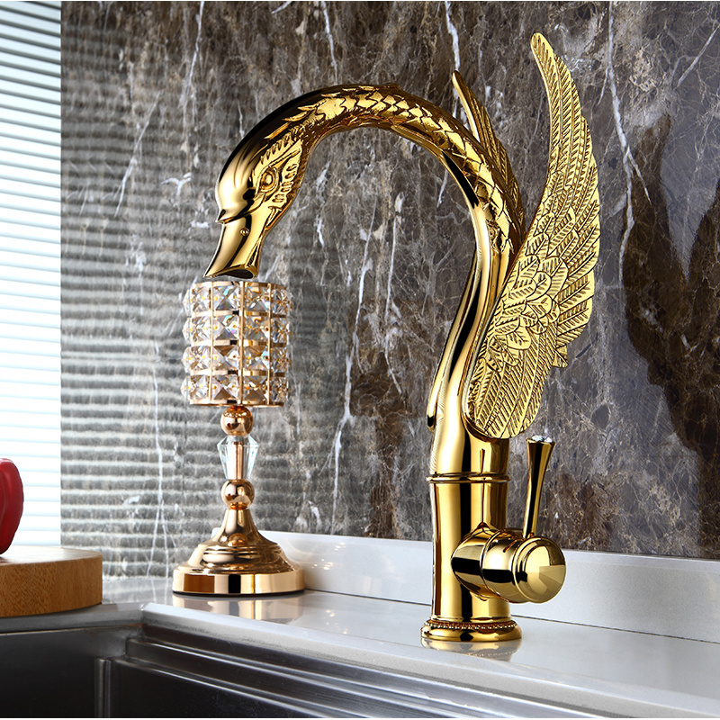 Hotel Bathroom Gold Single Handle Deck Mounted Swan Tap Hot Cold Mixer Basin Faucet