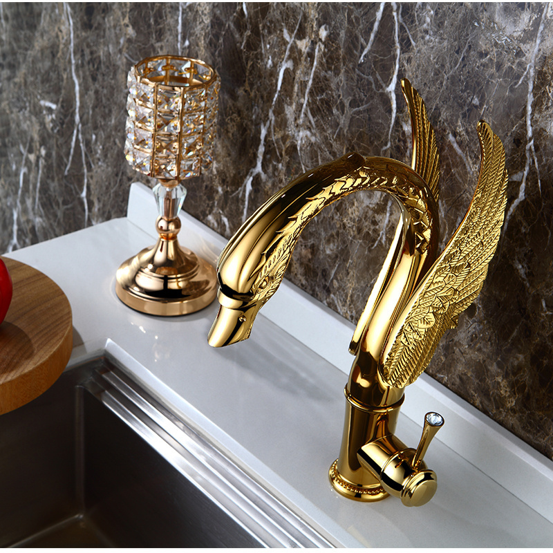 Hotel Bathroom Gold Single Handle Deck Mounted Swan Tap Hot Cold Mixer Basin Faucet