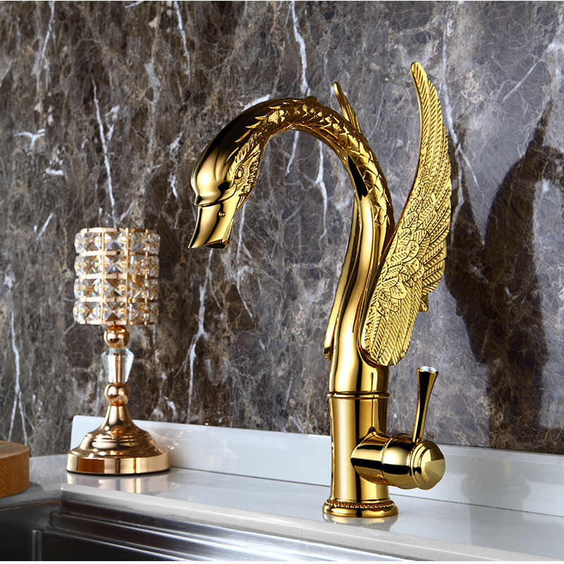 Hotel Bathroom Gold Single Handle Deck Mounted Swan Tap Hot Cold Mixer Basin Faucet