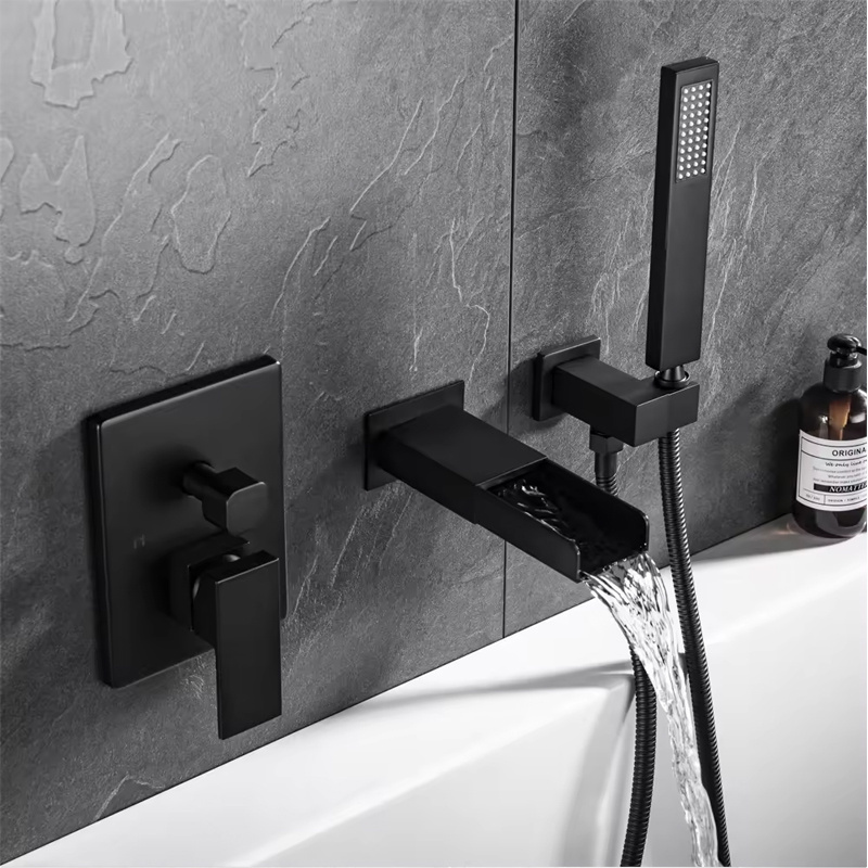 Unique Faucet Series Hot Cold Water Fall Wall Mounted Single Handle Matt Black Finish Brass In-wall Bathtub Mixer Faucet