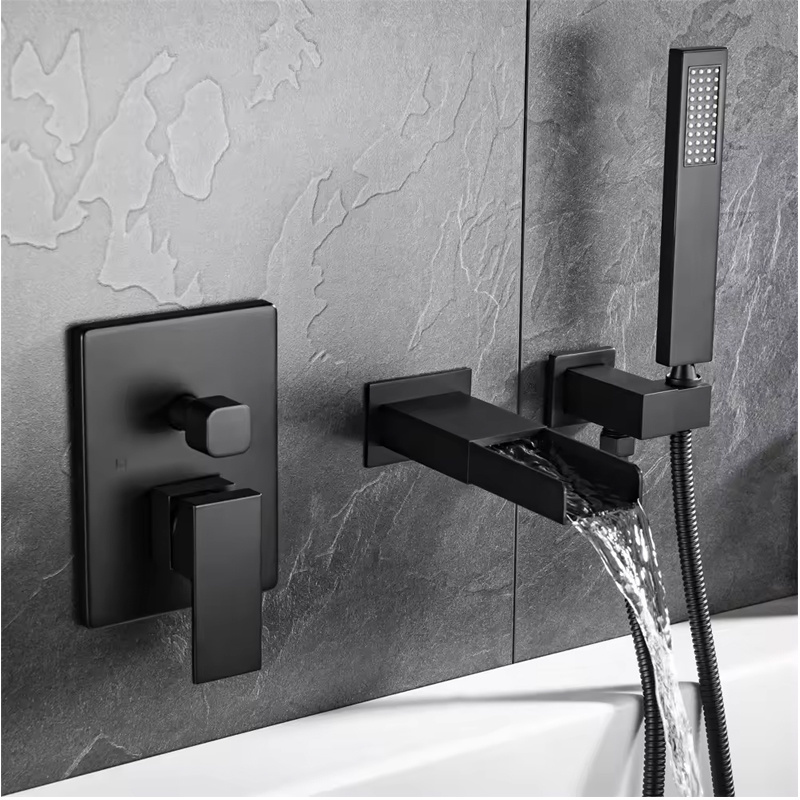 Unique Faucet Series Hot Cold Water Fall Wall Mounted Single Handle Matt Black Finish Brass In-wall Bathtub Mixer Faucet