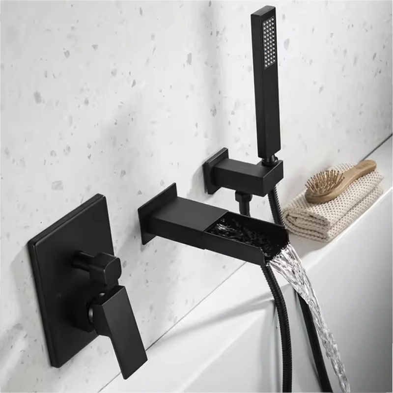 Unique Faucet Series Hot Cold Water Fall Wall Mounted Single Handle Matt Black Finish Brass In-wall Bathtub Mixer Faucet