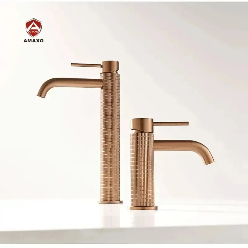 AMAXO Knurled Brass Waterfall Deck Mounted Bathroom Basin Faucet