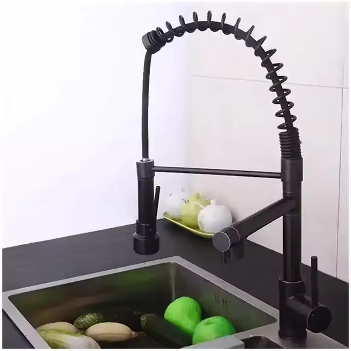 AMAXO  Black Pull Down Faucet Rotatable Double Outlet Retractable Universal  Kitchen Sink Tap Faucets