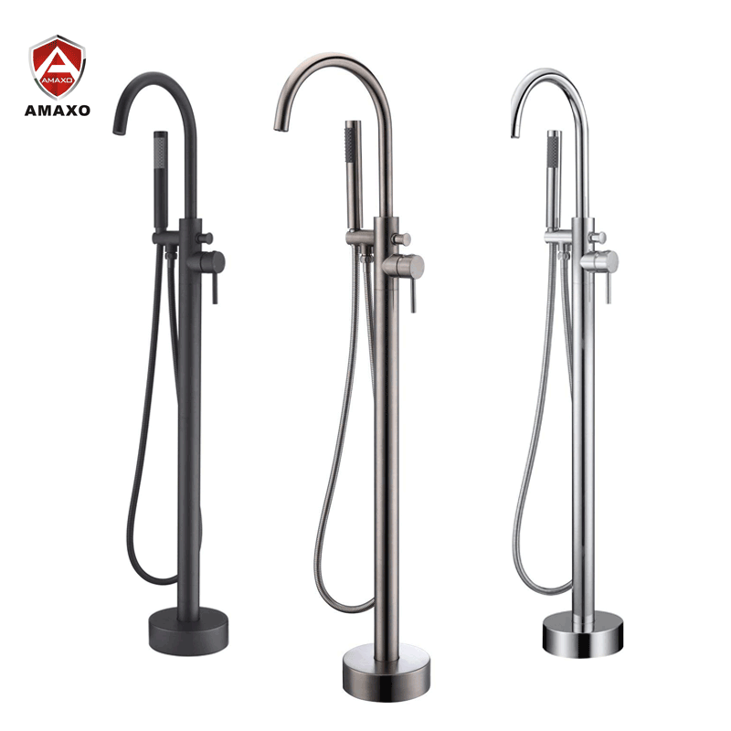 AMAXO Freestanding Bathtub Faucet Brushed Nickel Floor Stand Brass Single Handle Bathroom Faucet with Hand Shower