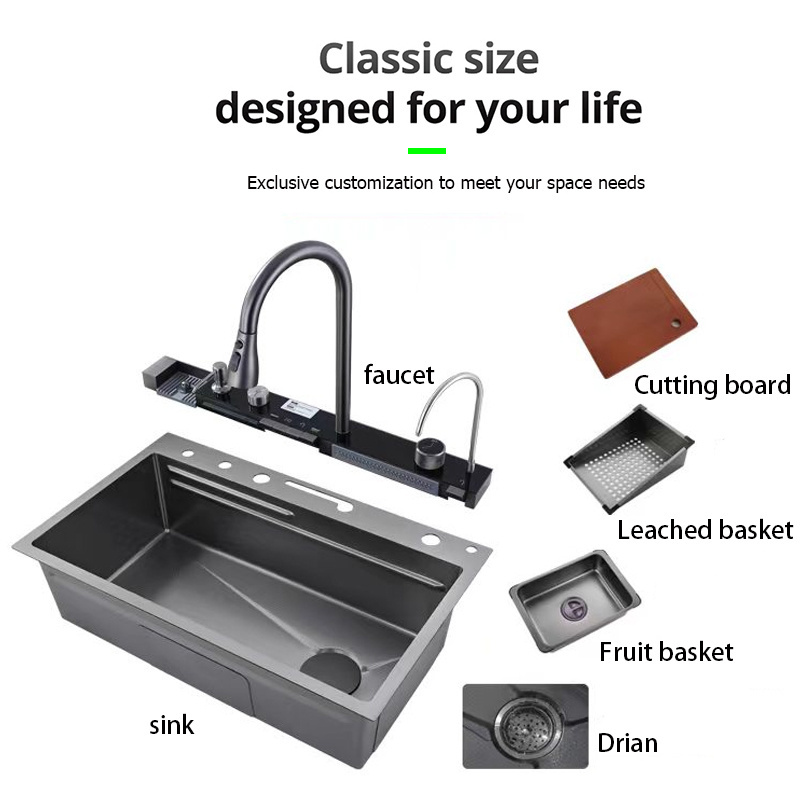 Home European Standard Built-In  Black Nano Undermount Stainless Steel kitchen sink